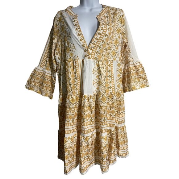 Geometric Print Tiered Boho Dress With 3/4 Bell Sleeves Size M Semi Sheer - Picture 1 of 7